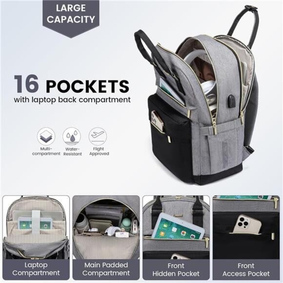 Laptop Backpack for Women 15.6 Inch, Black Grey main image 4